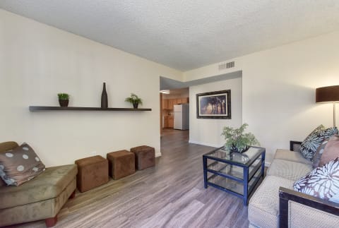 Furnished living room with couch, coffee table, side chair and floor lamp in the corner.